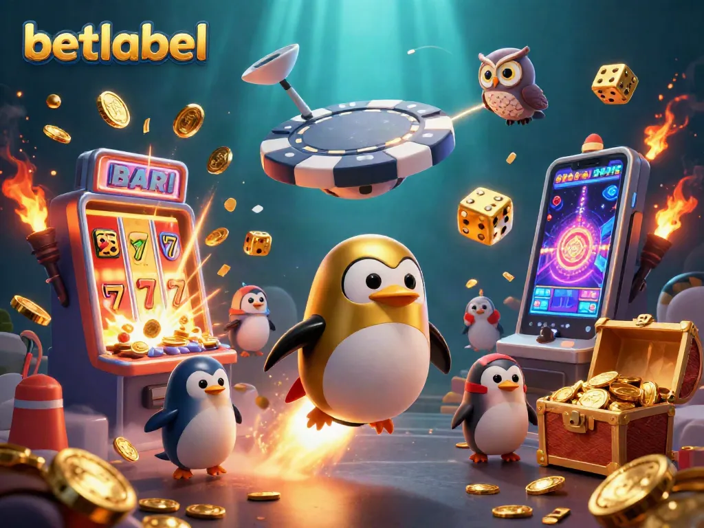 Experience the thrill of betlabel with a vibrant illustration of a golden penguin and cascading jackpots.