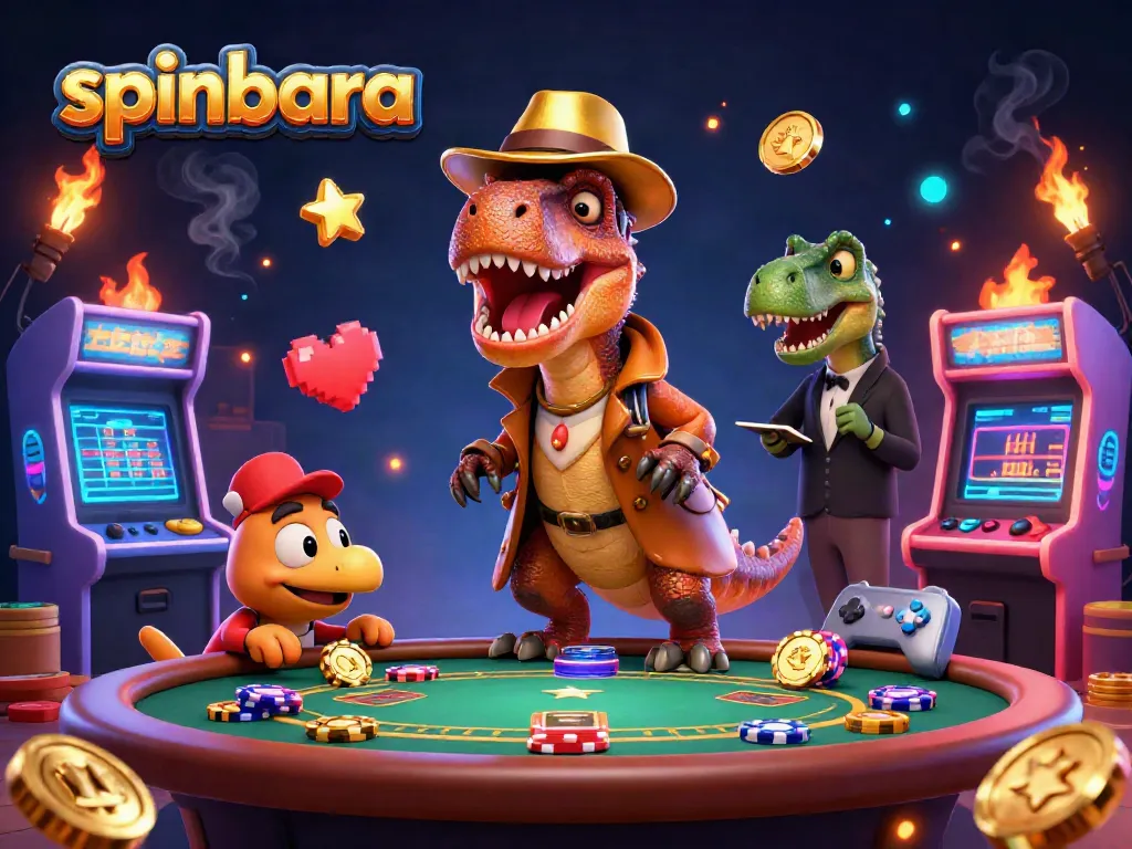Spinbara casino illustration showing a velociraptor card counter at the blackjack table, full of lively game elements.