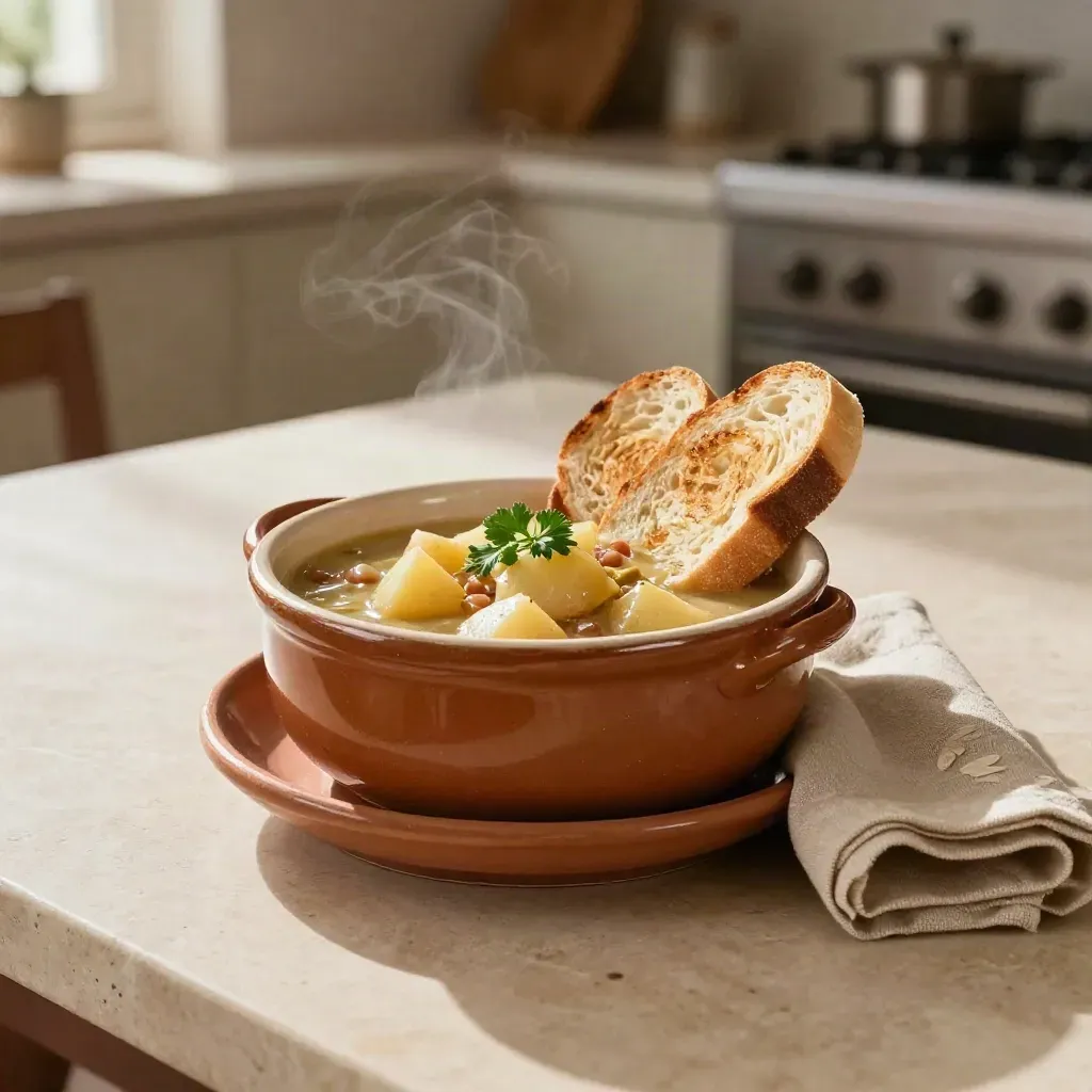 Bowl de caldereta clásica con patata y pan tostado sobre mesa cálida, con vapor suave.