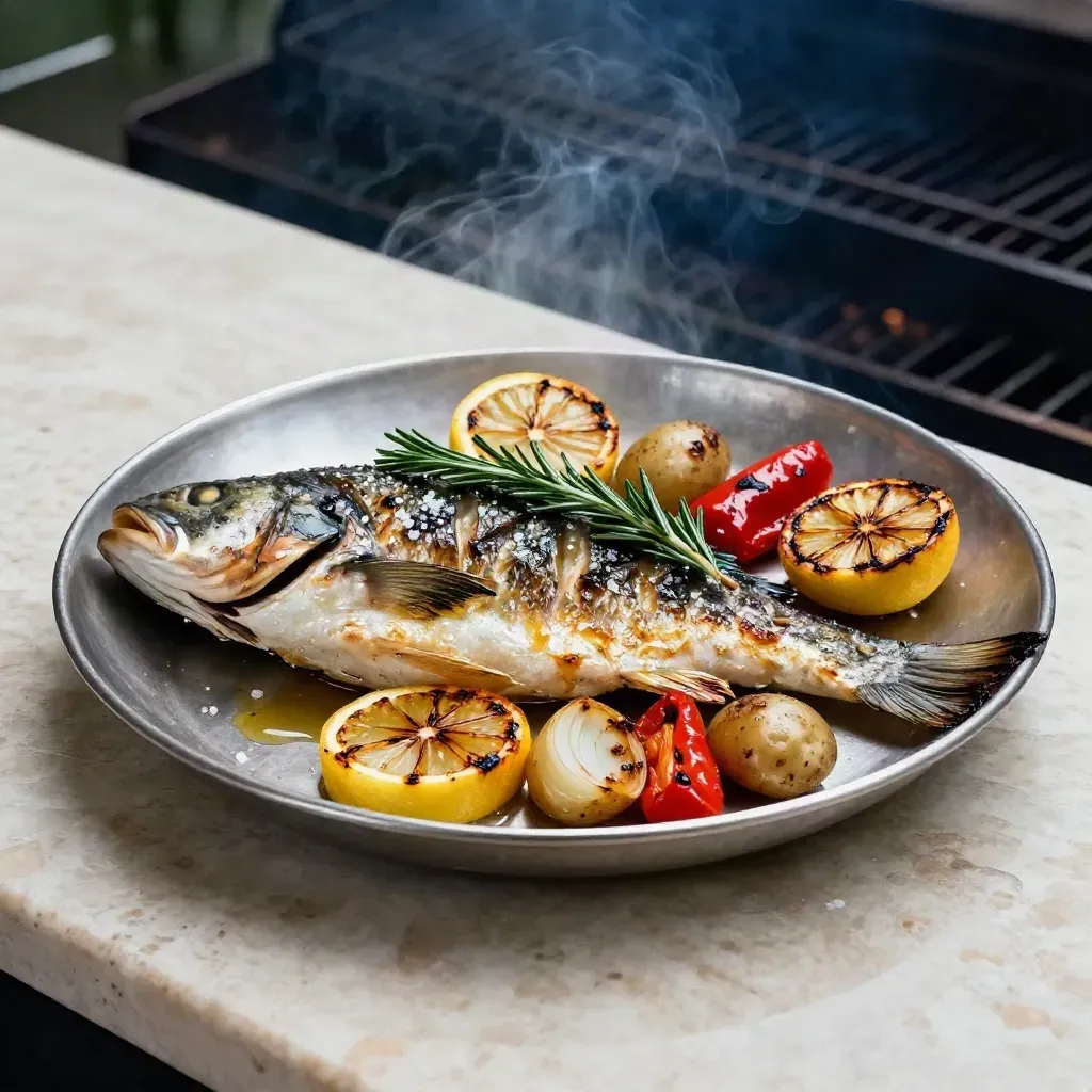 Lubina a la brasa recién salida del fuego con limón, romero y verduras asadas en plato metálico.