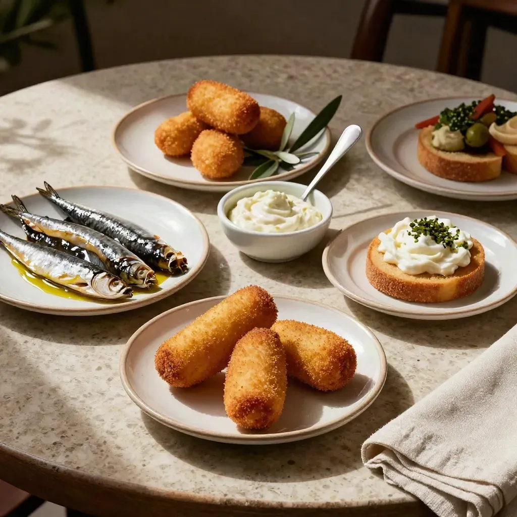 Tapas variadas en platos cerámicos: croquetas, boquerones, ensaladilla y montaditos.