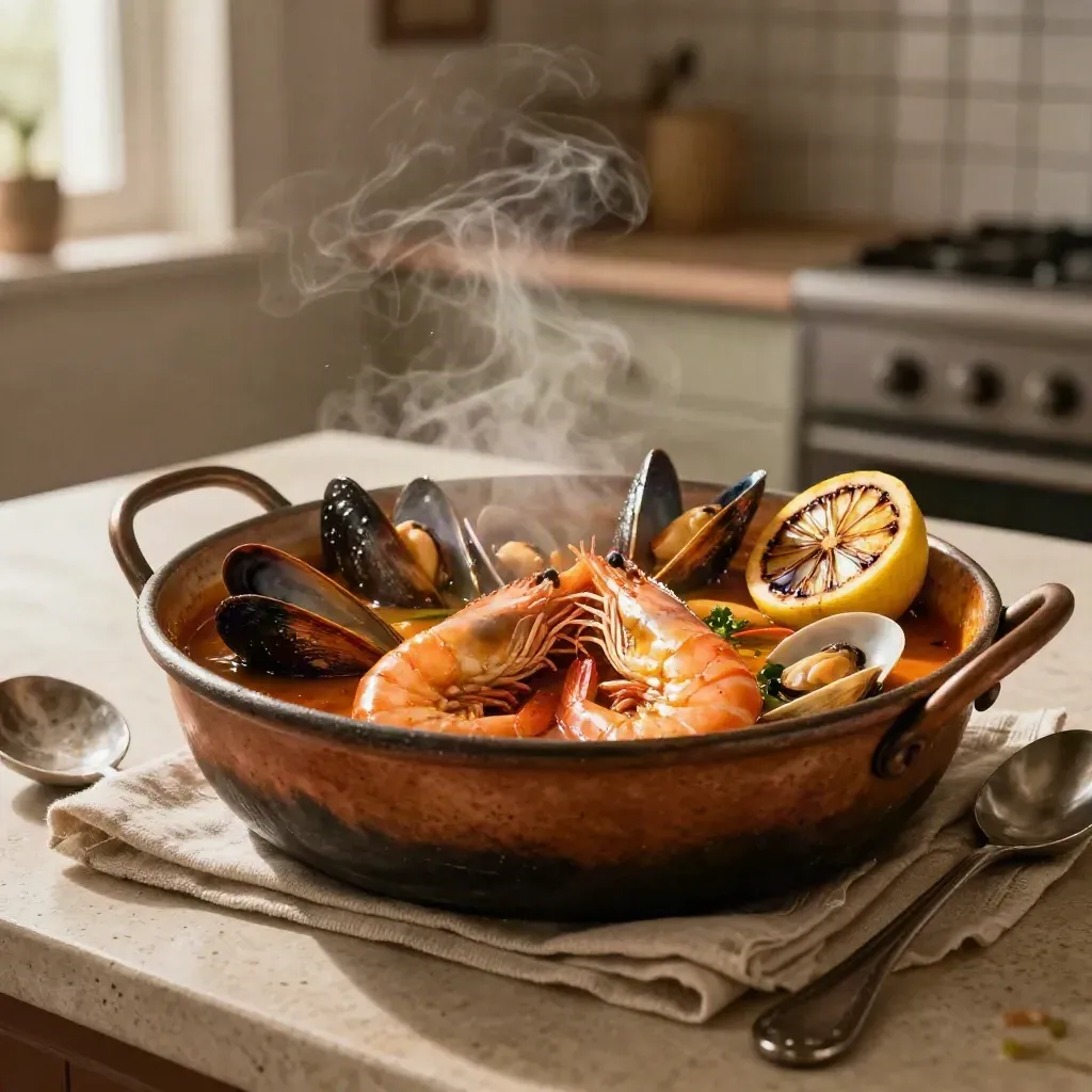 Caldereta de marisco humeante en cazuela de barro sobre piedra, con gambas, mejillones y almejas.