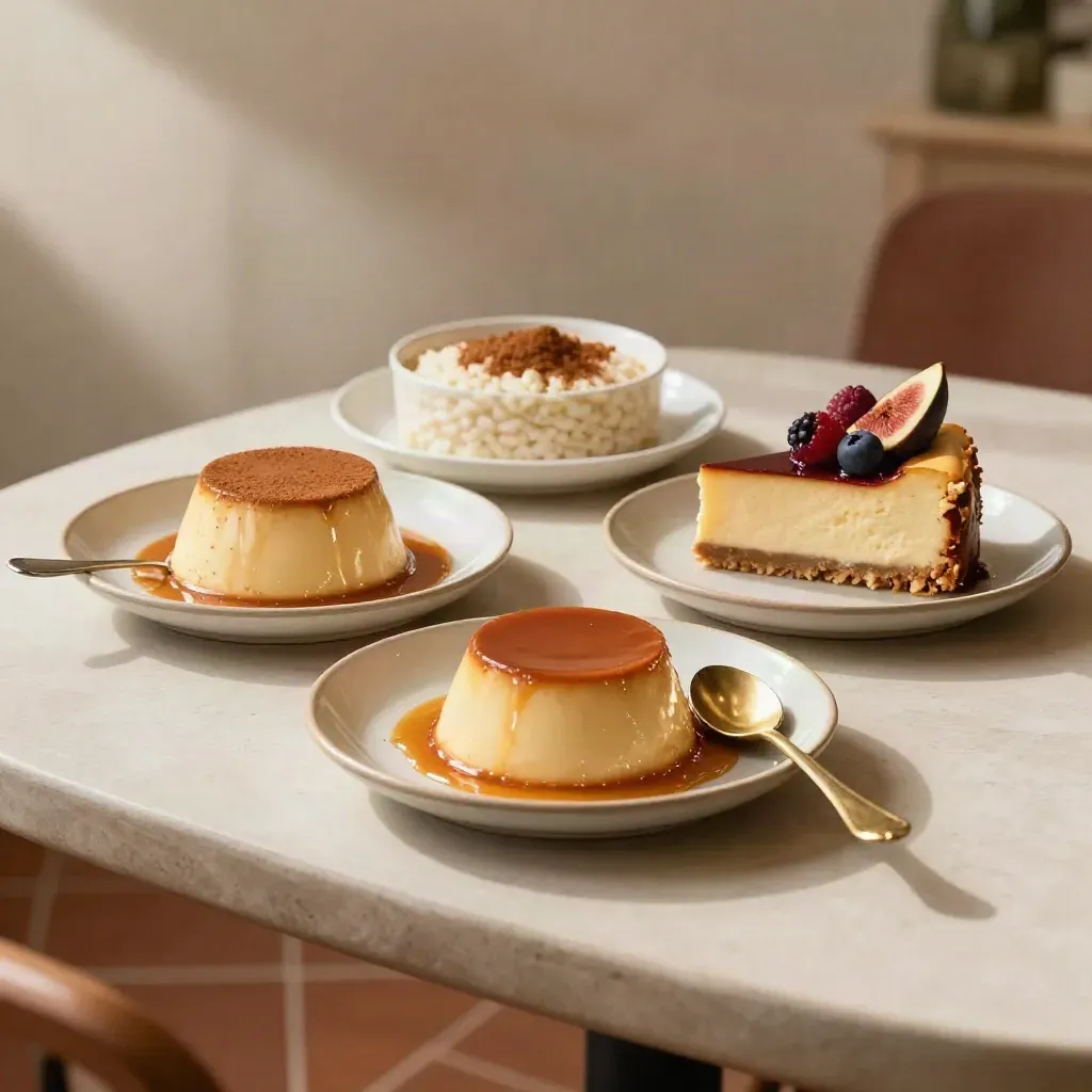 Postres caseros: flan, arroz con leche y tarta de queso con fruta fresca en platos cerámicos.