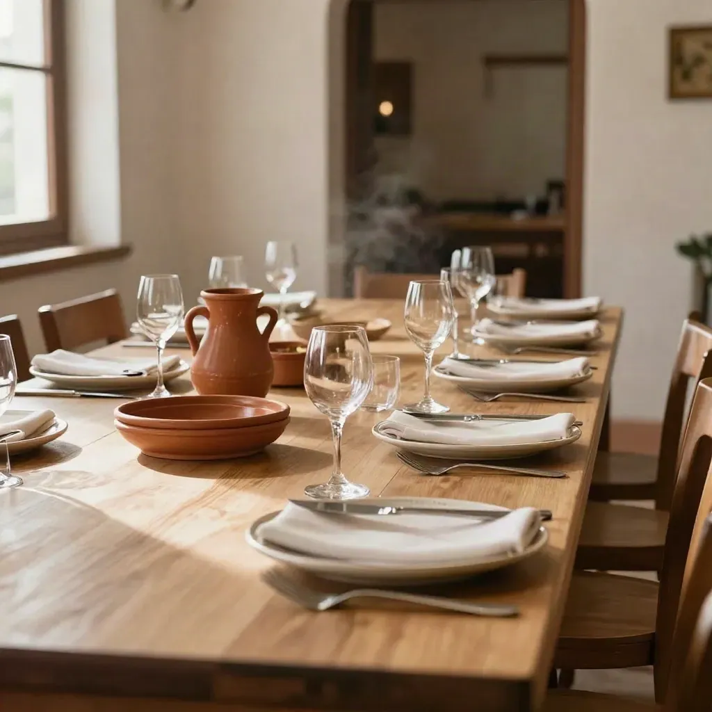 Mesa larga lista para comida de empresa, platos, copas y campanas en luz cálida mediterránea.