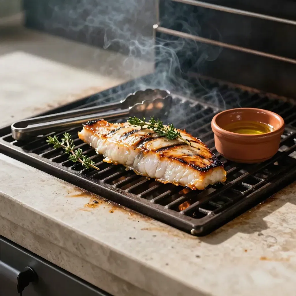 Filete de pescado a la parrilla con pinzas, hierbas y aceite cítrico sobre una parrilla caliente.