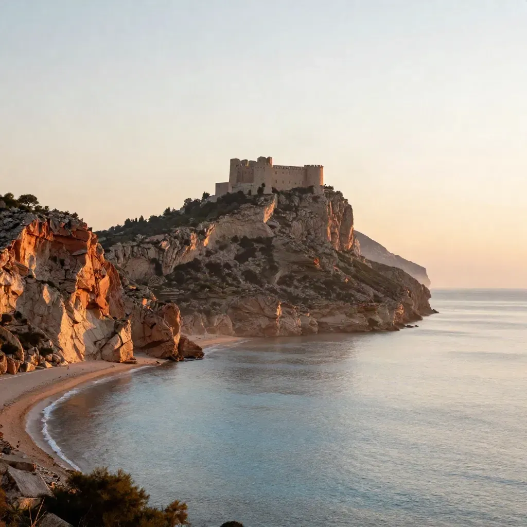 Costa de Alicante al atardecer, castillo en el acantilado y bahía tranquila con niebla suave.