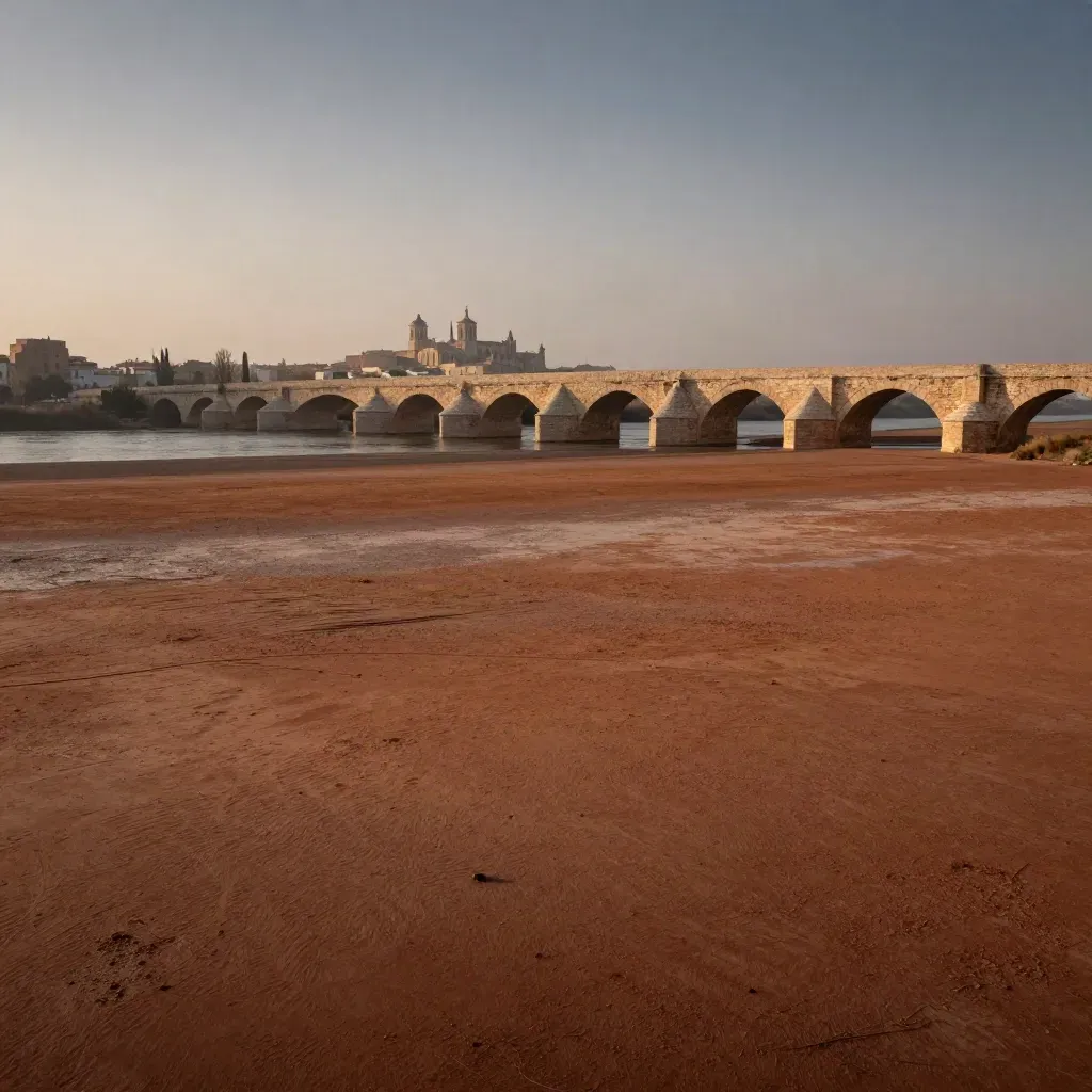 Paisaje amplio del llano fluvial de Murcia norte con puente de piedra y catedral lejana.