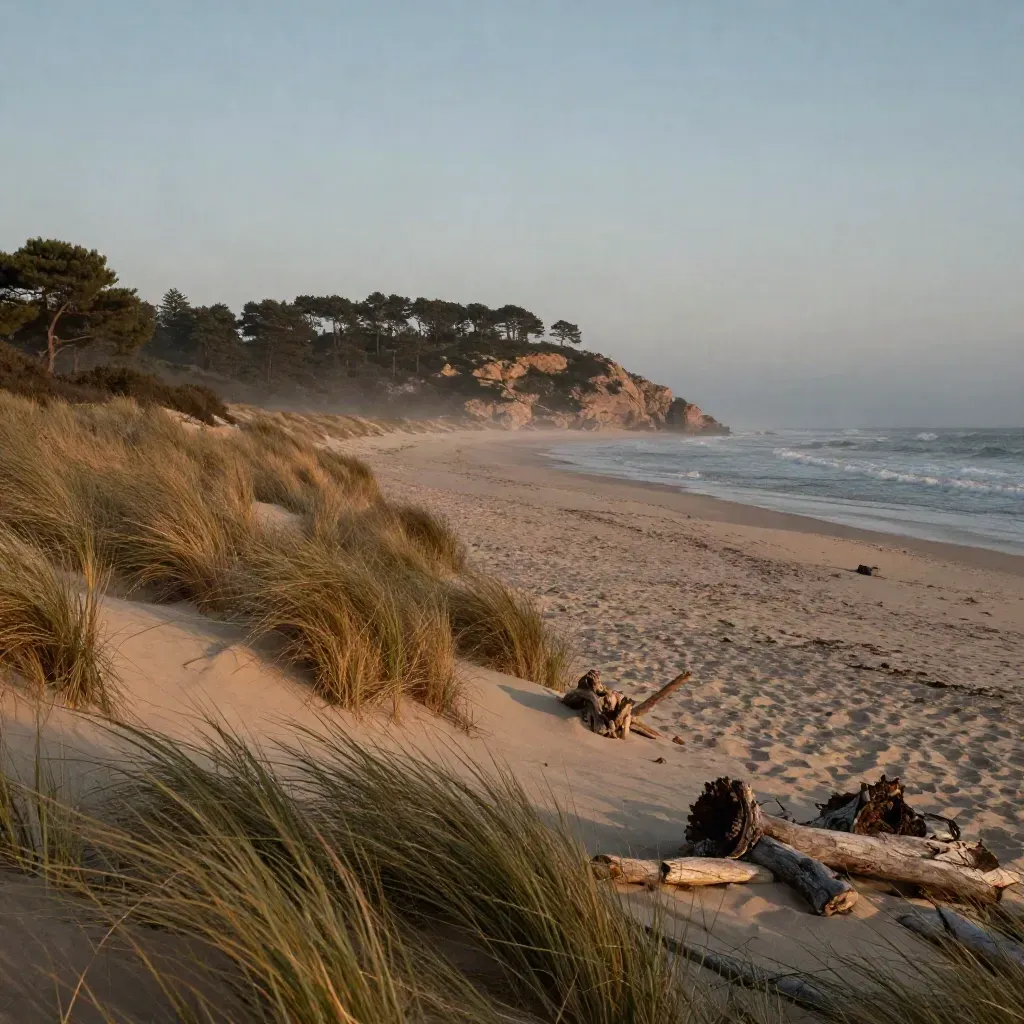 Litoral de Castellón con playa vacía, dunas y pinar lejano al atardecer