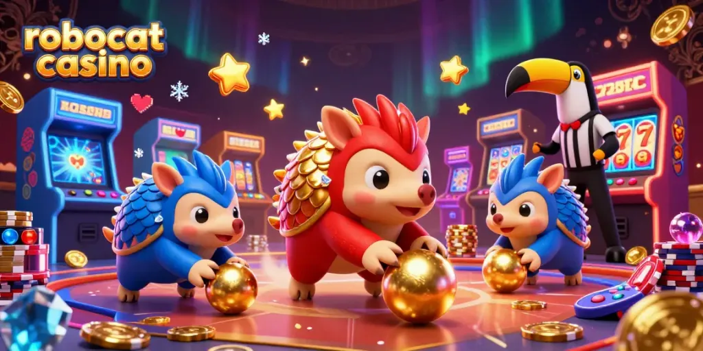 Compete in the vibrant robocat casino scene with pangolins bowling through poker chips and slot elements.