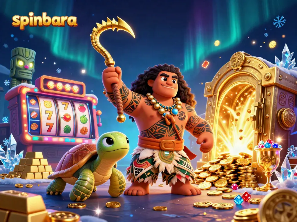 Spinbara online casino scene featuring a vibrant demigod, treasures, and slot elements in action.