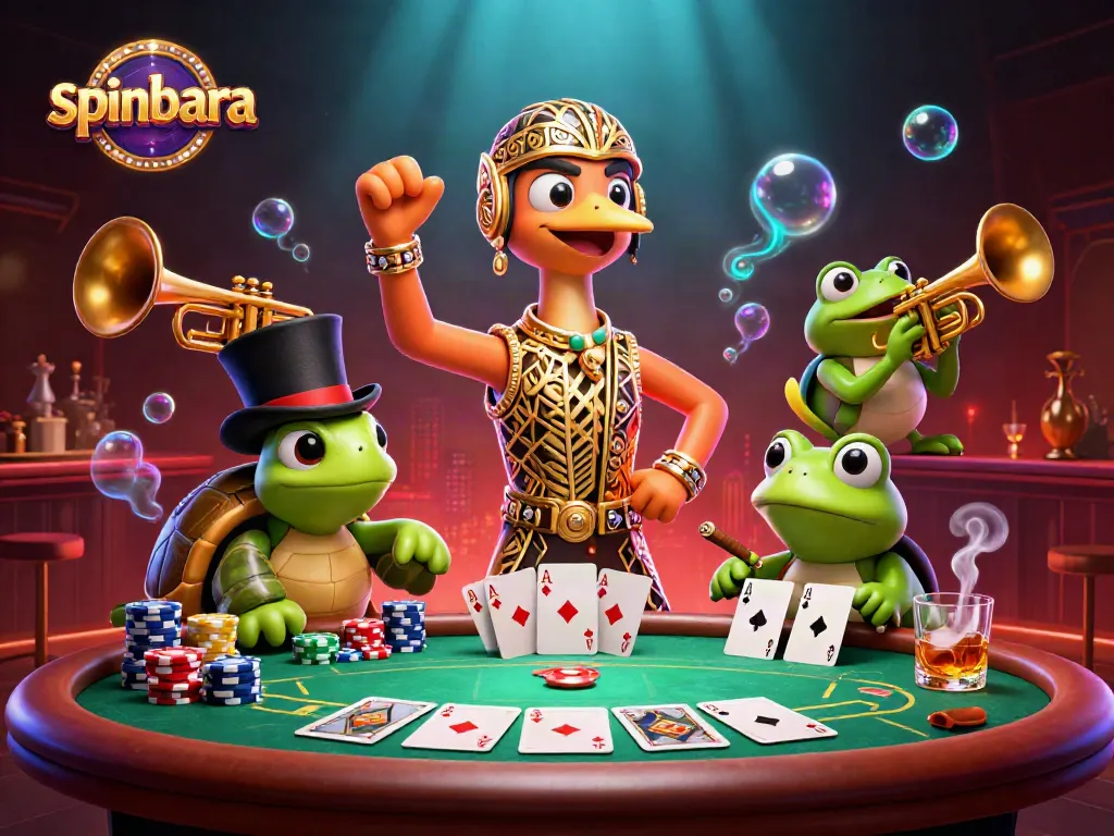 Spinbara's vibrant casino scene comes alive with poker action and whimsical characters.